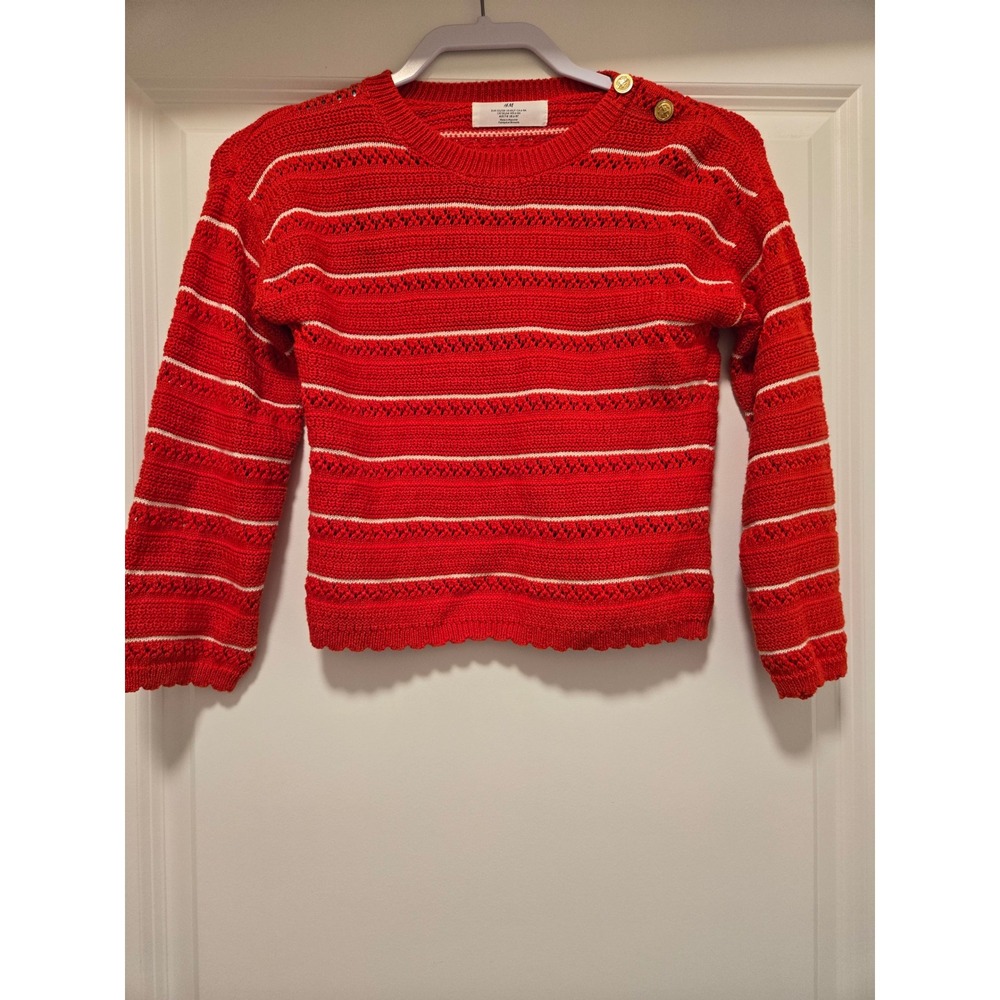 HM Girls Red White Striped Pointelle Knit Sweater Gold Anchor Buttons Size 6X-7